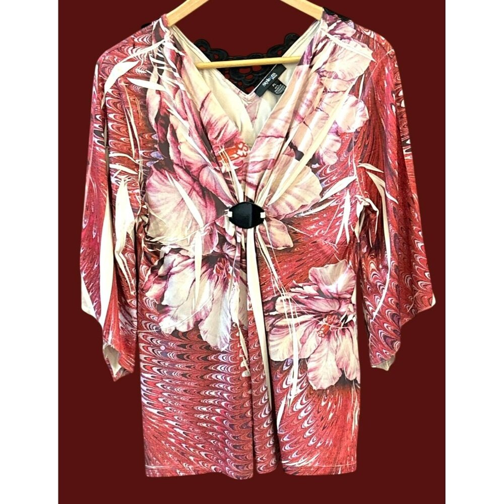 Style & Co Red Floral Baby Doll Blouse Lace Trim Stone Accent Petite Large Y2K